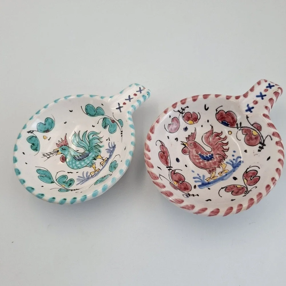 Vintage PV Italy Rooster Dipping Bowls Tea Bag Holders Hand‎ Painted Set Of 2